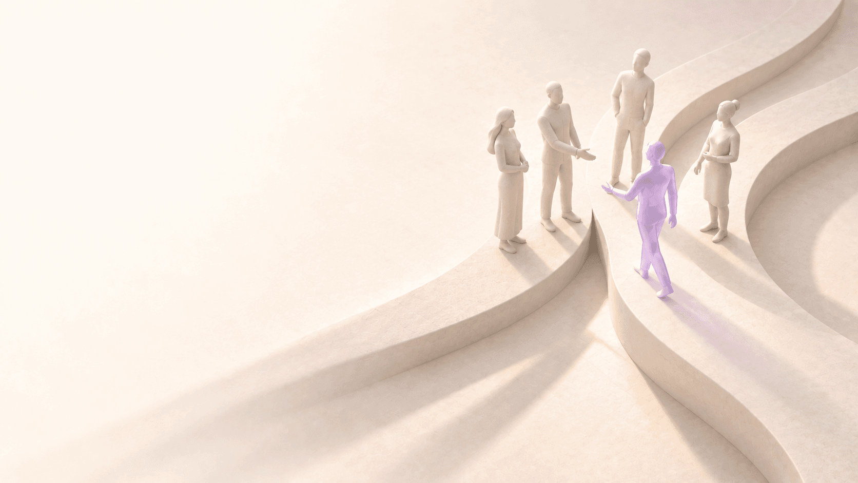 Five sculpted people come together across flowing paths, with a new team member picked out in pale lilac.